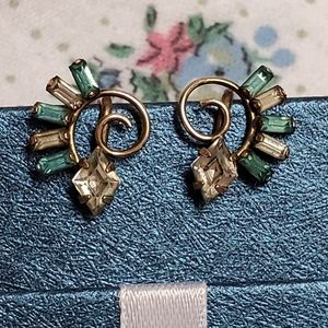 Vintage Decurtis Gold Filled Screw Back Earrings Rhinestones Blue White